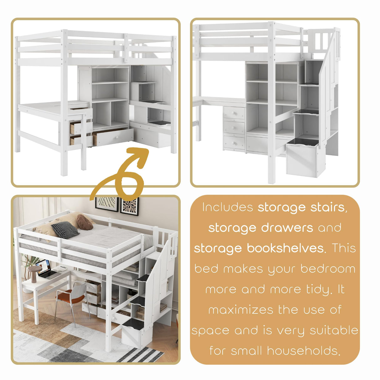 Full Size Loft Bed with Desk and Stairs Wood Loft Beds with Storage Cabinet and Bookcase High Loft Bed Frame with Staircase Shelves for Kids, Teen, Boys, Girls, White Bellemave