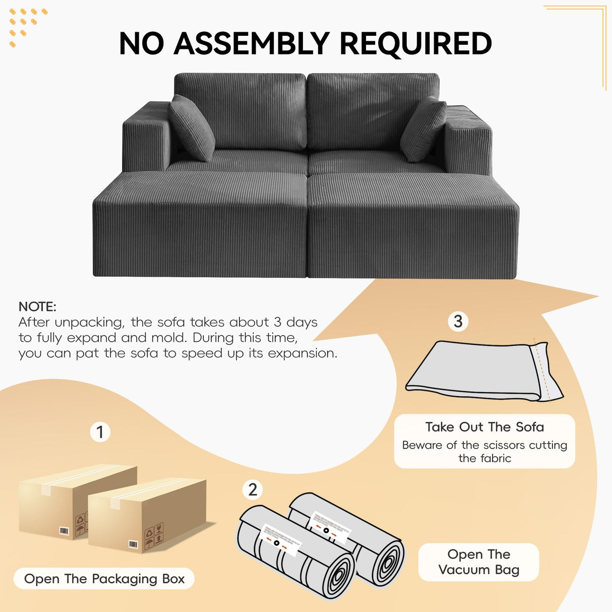 83'' Boneless Loveseat Sofa, Comfy Deep Seat Cloud Couch with 2 Moveable Ottoman, No Assembly Corduroy Love Seat for Living Room, Grey WUTUTUEE