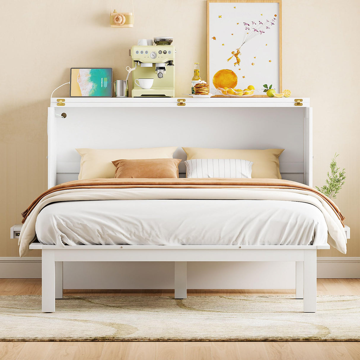 Merax Queen Murphy Bed with USB Port, Queen Murphy Cabinet, Space Saving, Solid Wood, White Merax