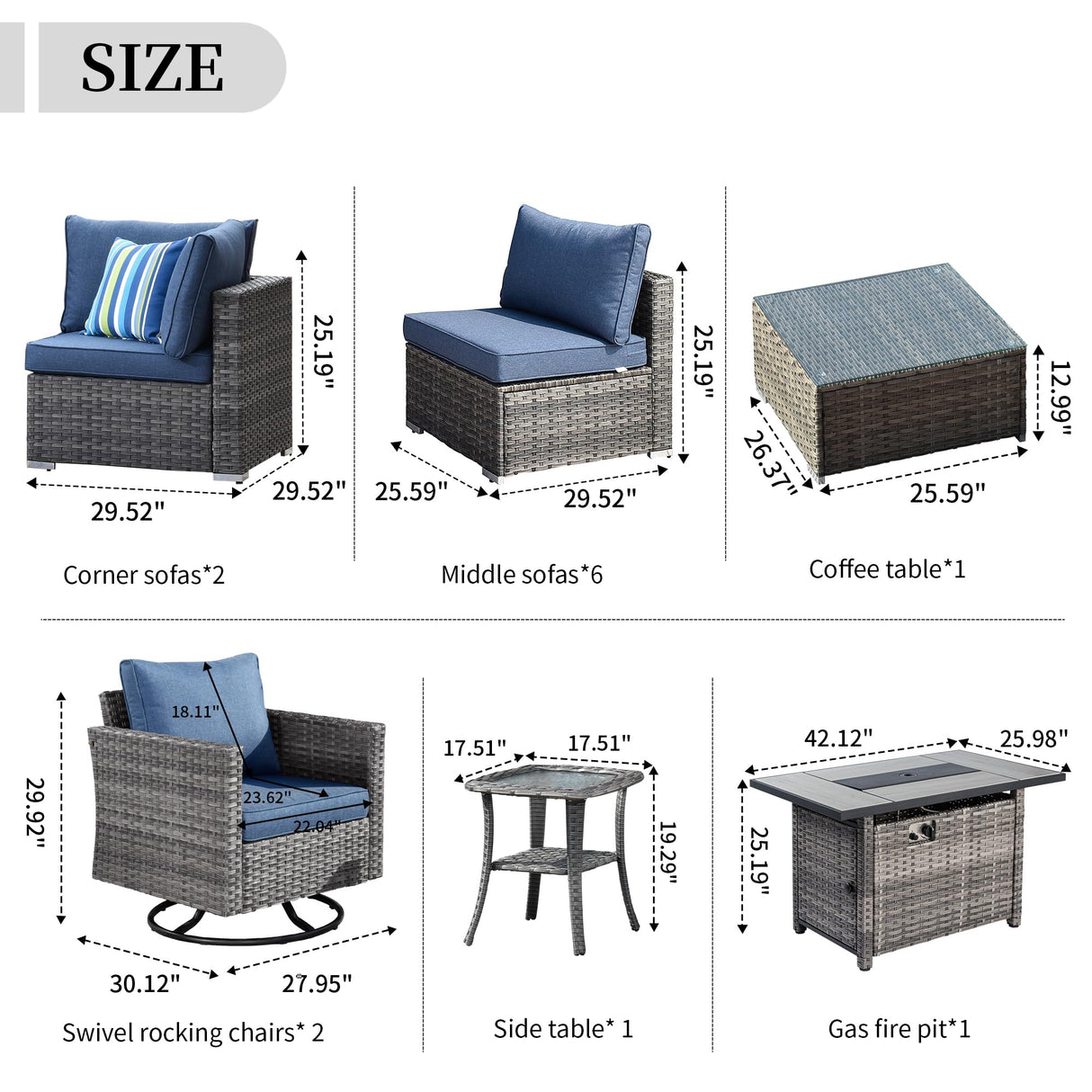 HOOOWOOO 13 Piece Patio Sectional Furniture Set with Fire Pit Table,Modern Wicker Outdoor Conversation Sofa Sets,All Weather Modular L Shaped Outside Couch Swivel Chair Set(Denime Blue) HOOOWOOO