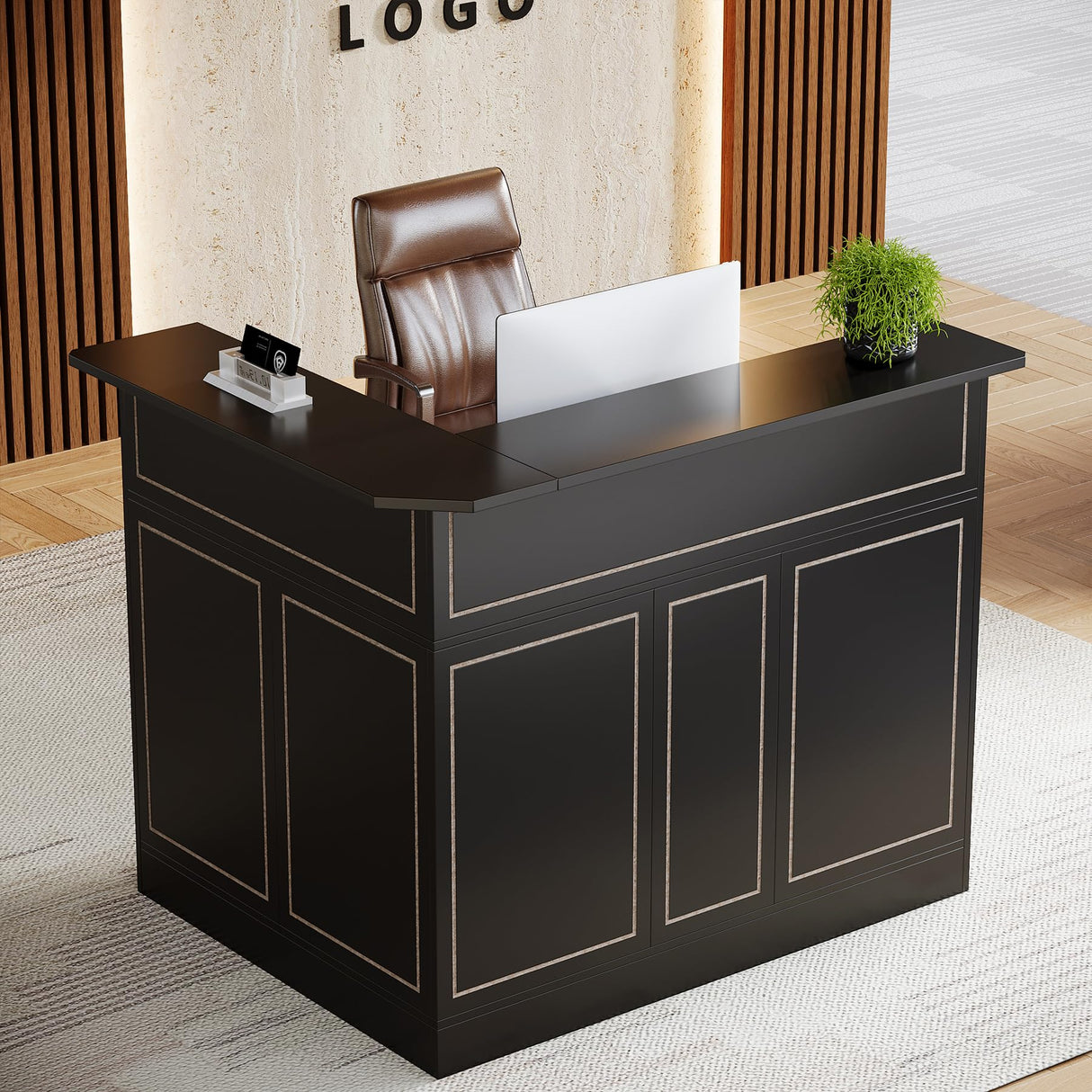 Tribesigns Reception Desk with Storage Shelves, L-Shaped Modern Front Desk, Reception Counter Table for Small Office, Salon, Checkout Office, Black Tribesigns