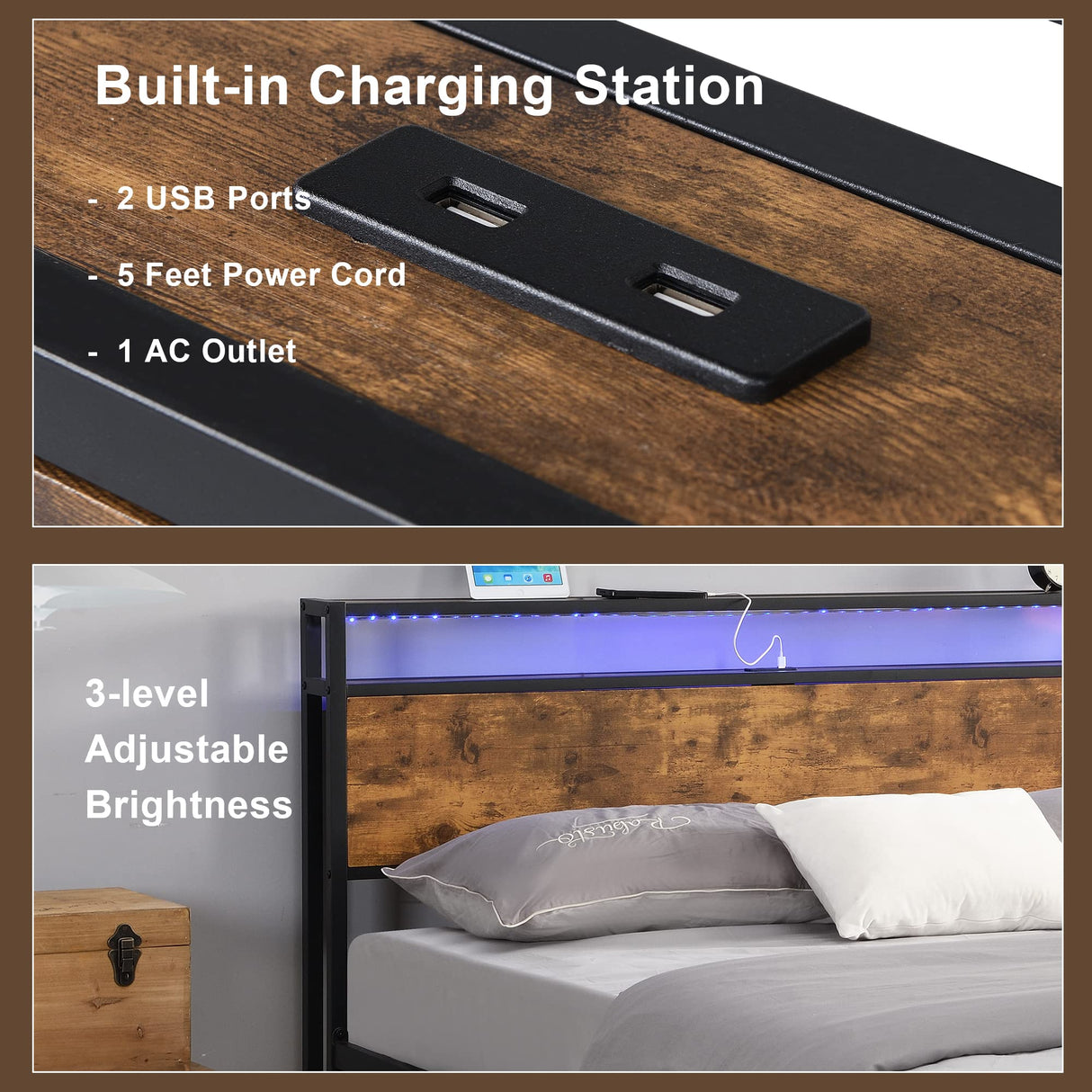 Modern Industrial Full Bed Frame with LED Lights and USB Ports - Stylish Rustic Brown Design with Storage Headboard and Under-Bed Space anwickjeff