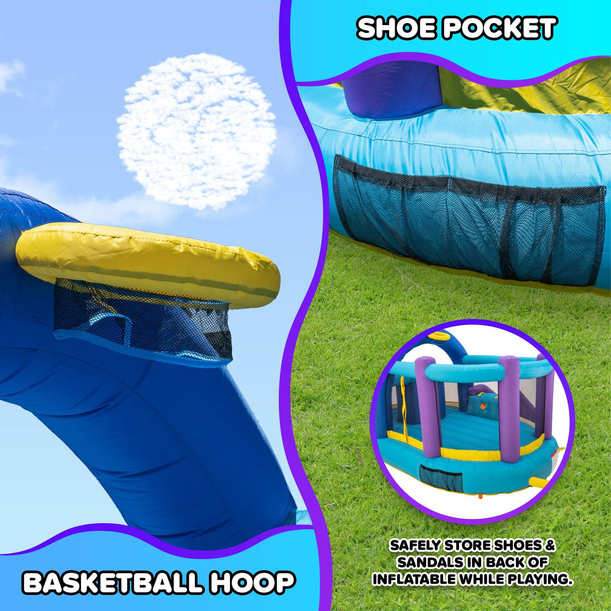 Sportspower INF-2415 Whack-A-Play Inflatable Bounce House with Basketball Hoop, Slide and Quick Inflate Blower: Recommended Age 3-8, Blue/Purple and Yellow, 13'x12'x7.83' Sportspower
