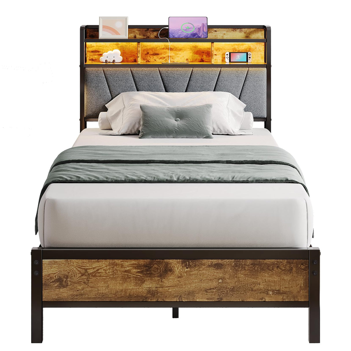 Welzona Twin Bed Frames, Metal Bed Frames with Charging Station, LED Lights Bed Frames with Upholstered Storage Headboard, Sturdy and Noise-Free, Storage Space Under Bed, No Box Spring Needed, Brown Welzona