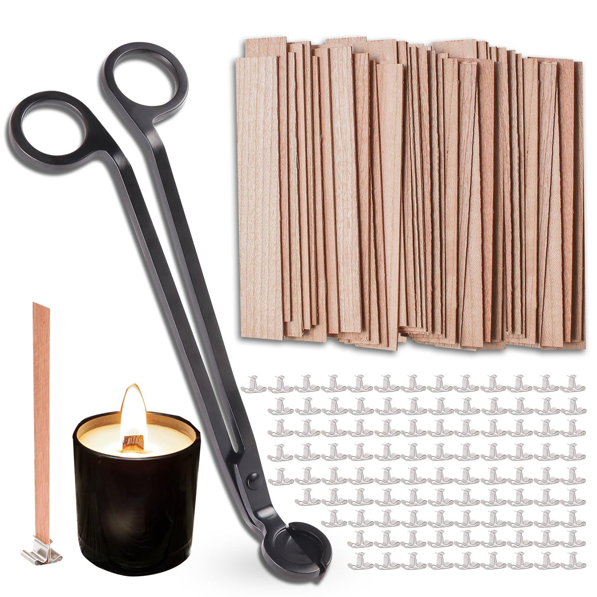 200Pcs Wooden Candle Wicks,Wood Candle Wicks Smokeless 5.1 x 0.5 Inch Natural Wood Wicks for Candles with Golden Candle Wick Trimmer and Iron Stand for DIY Candle Making (100 Set) Afnkiom
