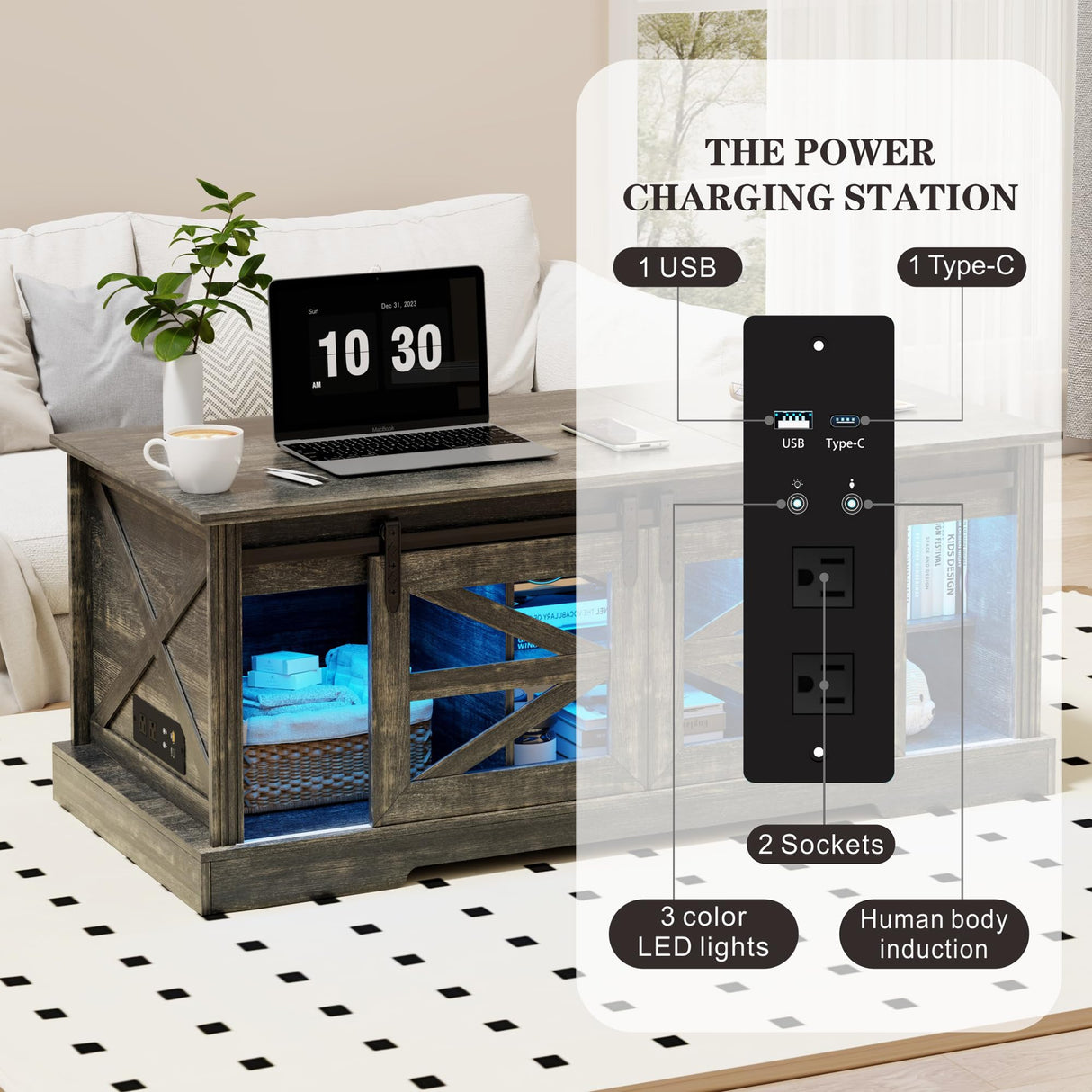 Lift Top Coffee Table with Gun Cabinet, 2 Sliding Barn Doors-Large Storage and 3 Color LED Lights fit Modern Rectangular Rustic Living Room Center Table(Dark Oak) HWB