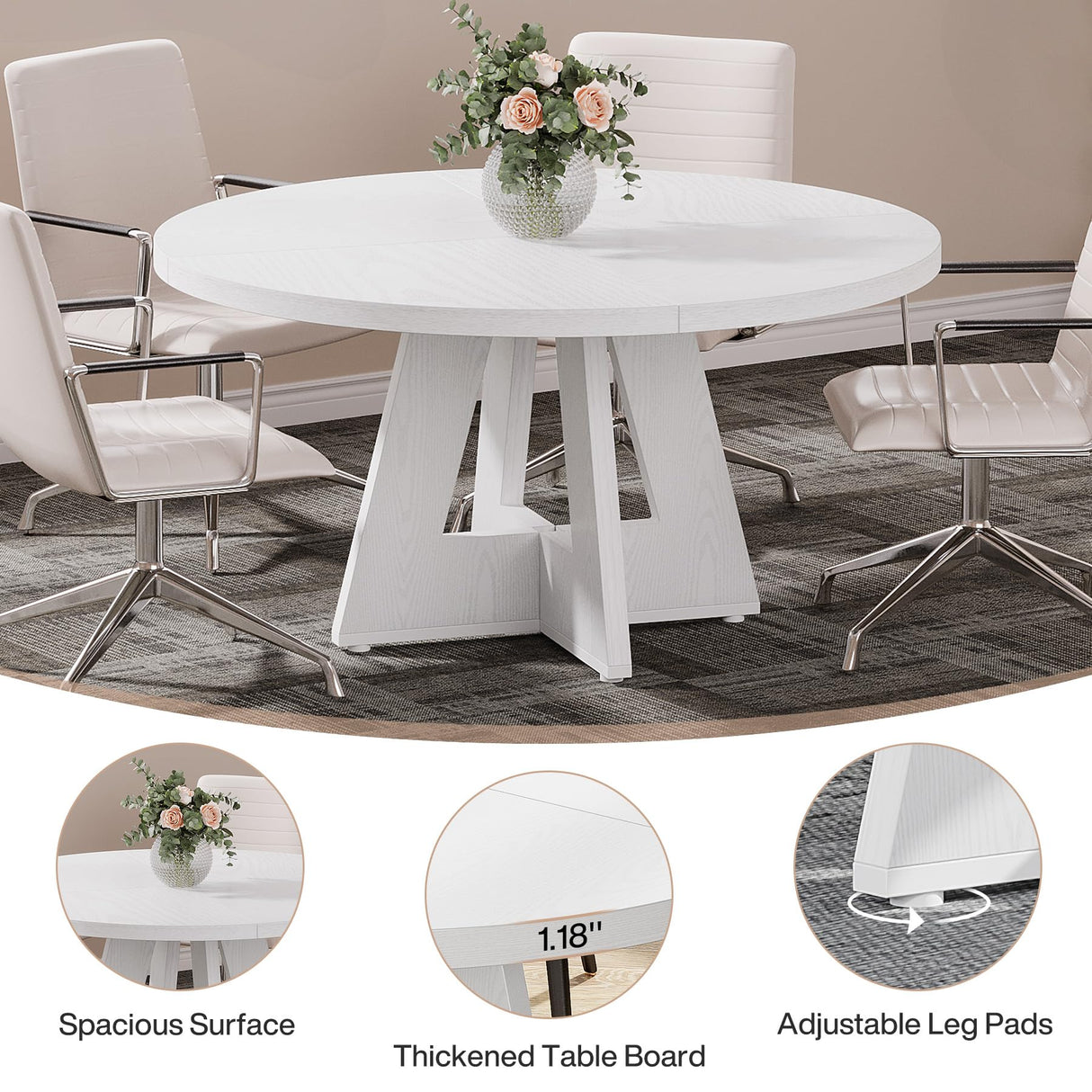 Tribesigns 47-Inch Round Conference Table for 4-6 People, Wooden Meeting Room Table with Thicken Tabletop and Wood Base (White) Tribesigns