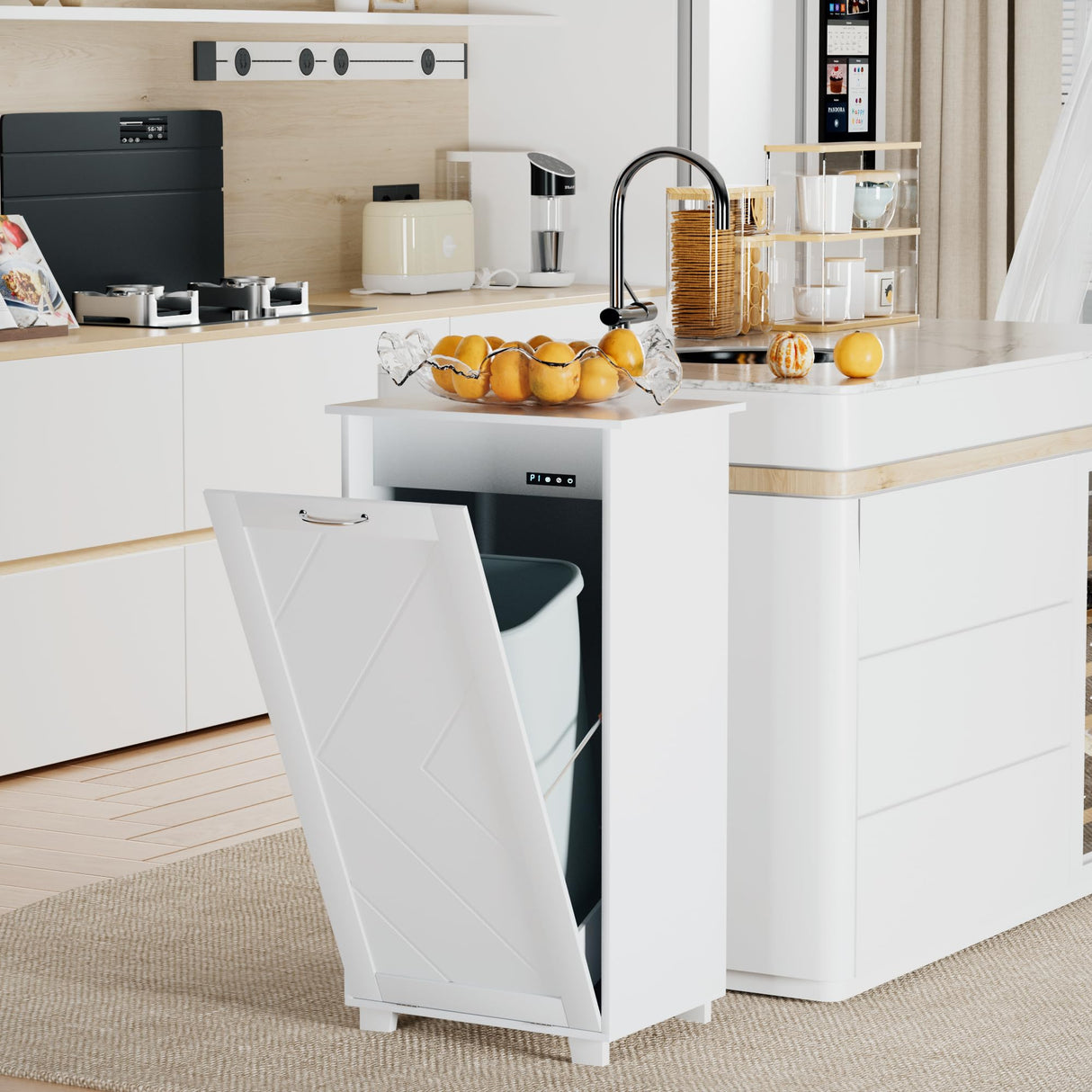 VECELO Tilt Out Kitchen Trash Bin Cabinet, Dog Proof Garbage Can with Wood Holder Free Standing Recycling, White VECELO
