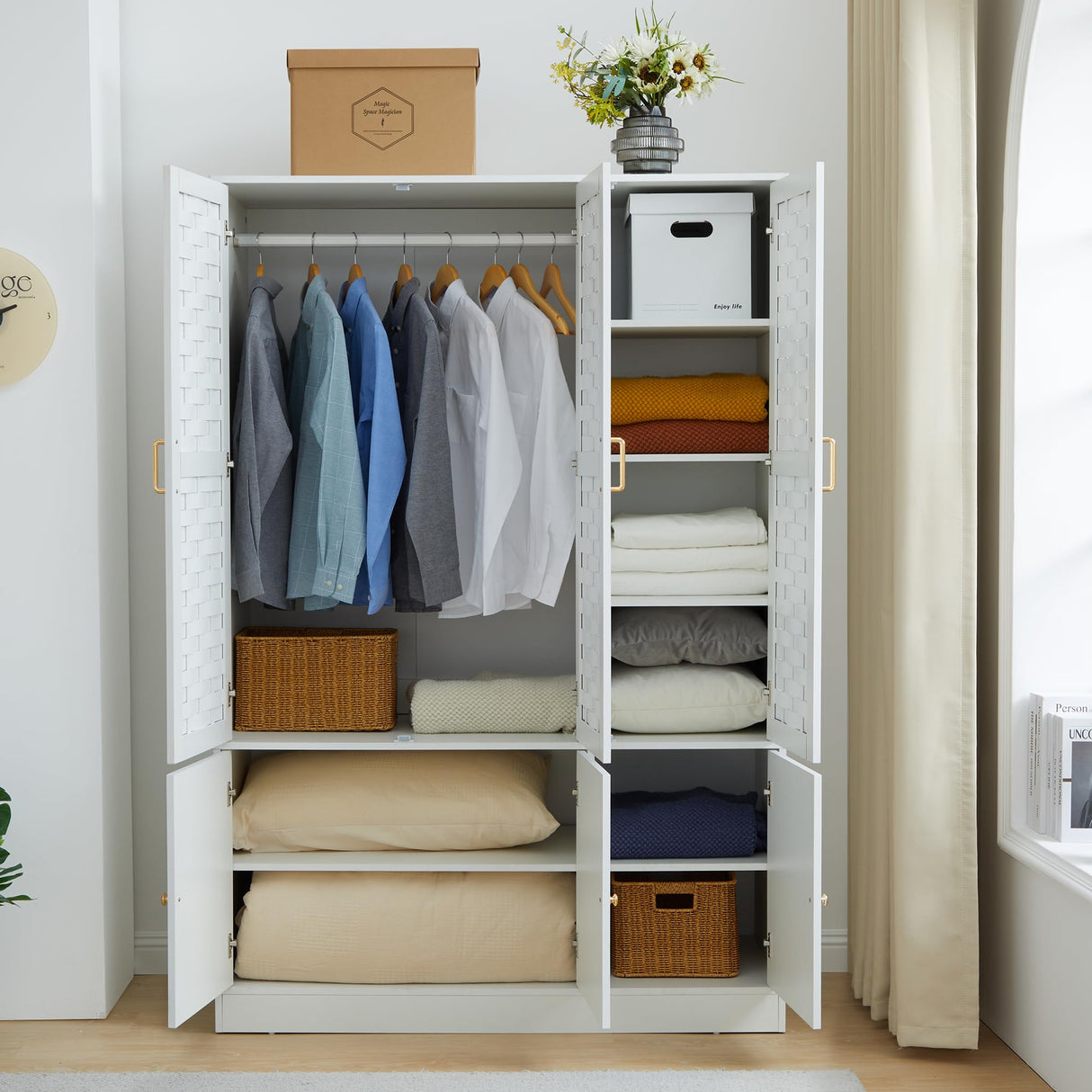 PHOYAL Armoire Wardrobe, 6 Woven Doors Storage Cabinet Wood and 8 Shelves Metal Handles for Tall Cabinet Closet Large Capacity Armoire Wardrobe Closet with Hanging Rod (White) PHOYAL