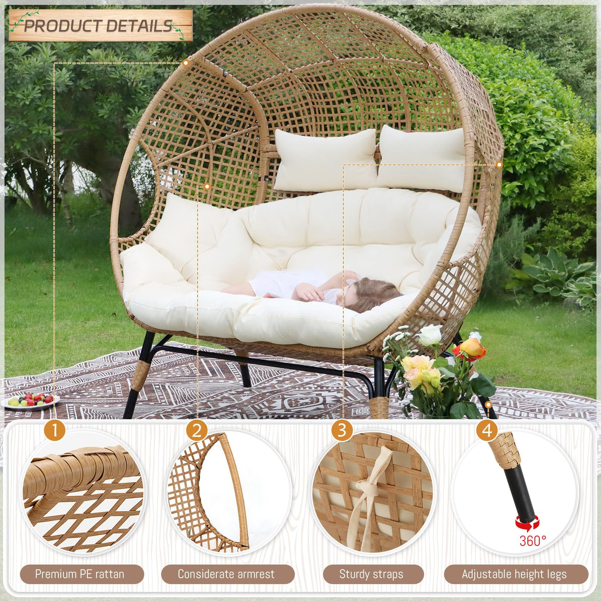 BULEXYARD Double Egg Chair Indoor Outdoor 680lbs, 2 Person Brown Wicker Oversized Stationary Egg Chair with Beige Thick Cushion, Patio Wide Lounge Loveseat with Legs for Balcony, Porch BULEXYARD
