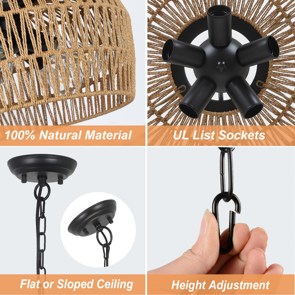 HMVPL Large Farmhouse Chandeliers for Dining Room, 5-Light Rattan Boho Chandelier Light Fixture with Wicker Lampshade, Coastal Hanging Pendant Lighting for Kitchen Island Bedroom Living Room Nursery HMVPL