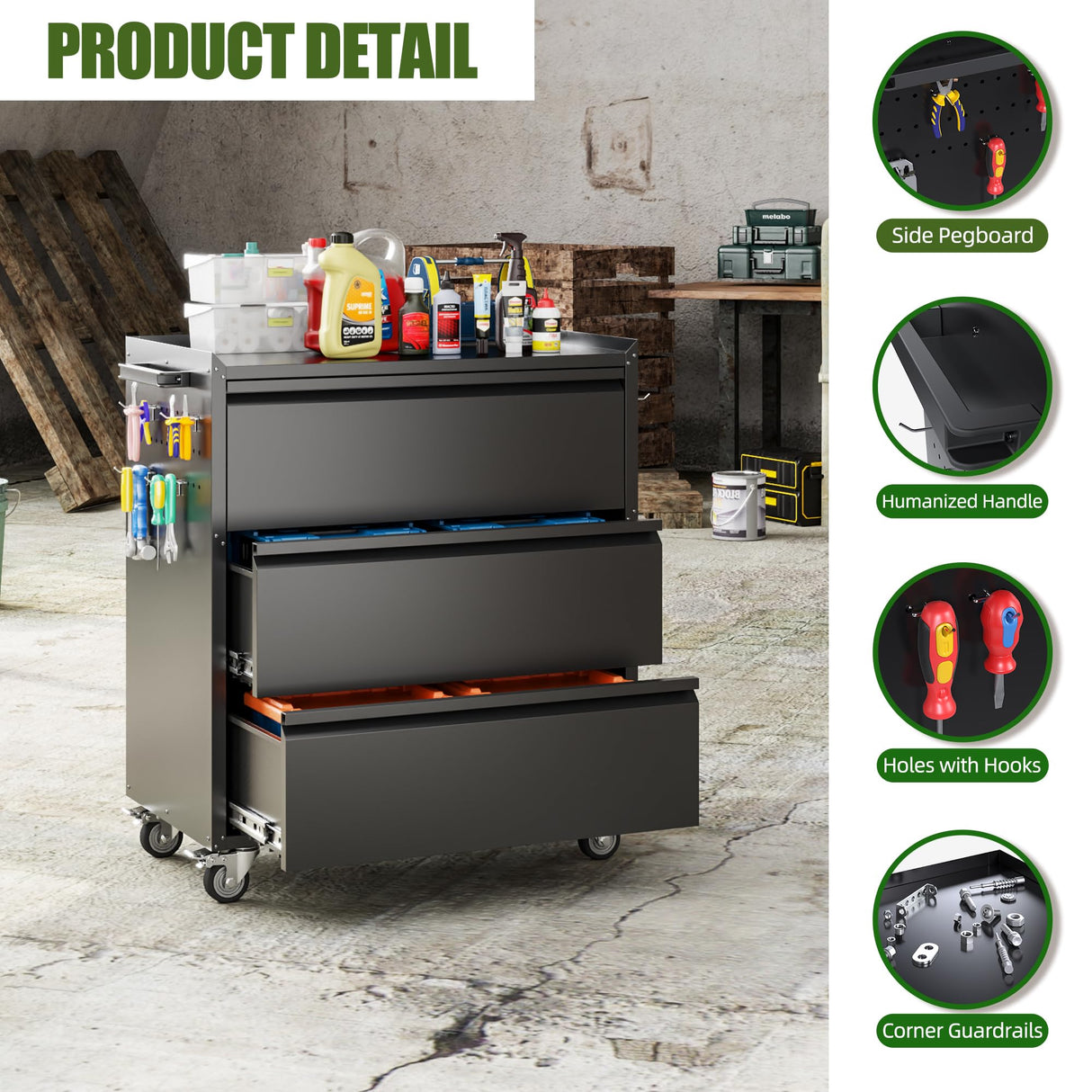 SUXXAN Metal Storage Cabinet with 3 Drawer and 4 Hooks,35.4" H Top Workbench Mobile Tool Chests Garage Cabinets with 4 Wheels,Tool Cabinets for Home,Office,Shop SUXXAN