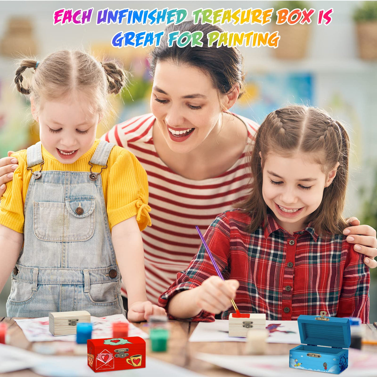 36 Pieces Unfinished Wood Box with 20 Paintbrushes Mini Treasure Chest Box Small Box with Hinged Lid Wooden Storage Box for DIY Project Craft Home Party Jewelry Box, 3.5 x 2.2 x 1.8 Inch Kenning