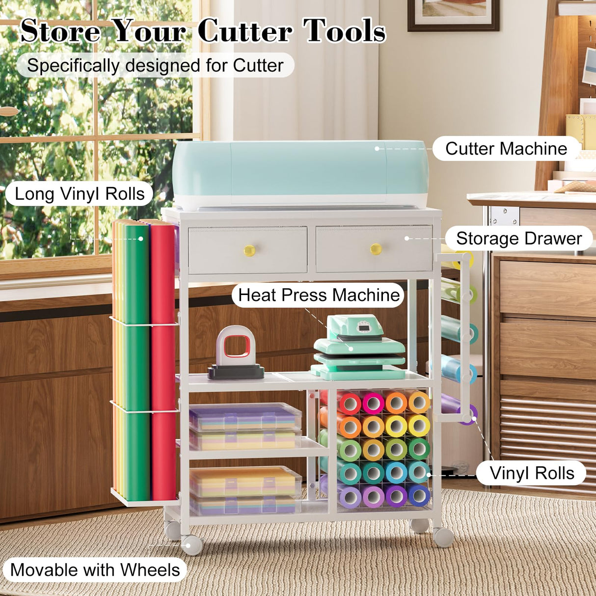 Large Craft Wrapping Paper Organizers Cart, Rolling DIY Storage for Birthday & Holiday with 2 Fabric Drawers, Lockable Wheels Cart for Vinyl Roll, Paints, Craft Supplies, Multi-Tier Craft Tape Holder Lyuwanxian