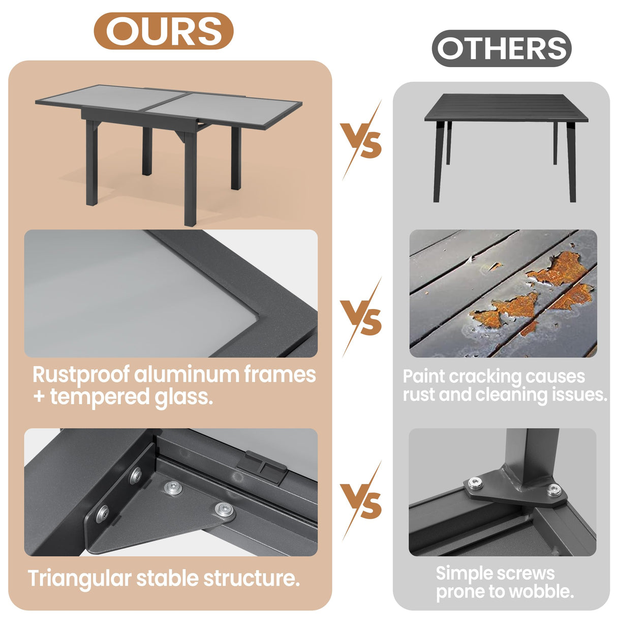 PATIOHIT Modern Aluminum Outdoor Dining Table - Expandable Patio Glass Dining Table for 6-8, Extendable Aluminum Patio Extender Table 35" to 70" for Backyard, Porch, Deck, Garden, Tempered Glass Gray PATIOHIT