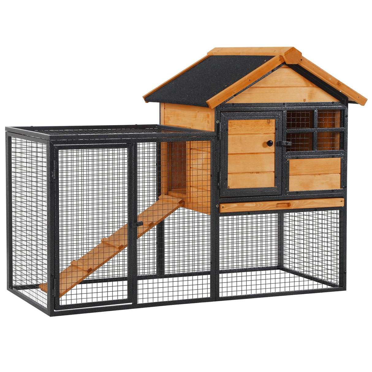 PawHut 2-Level Rabbit Hutch Bunny House with Weatherproof Hinged Asphalt Roof, Removable Tray and Ramp for Outdoor PawHut