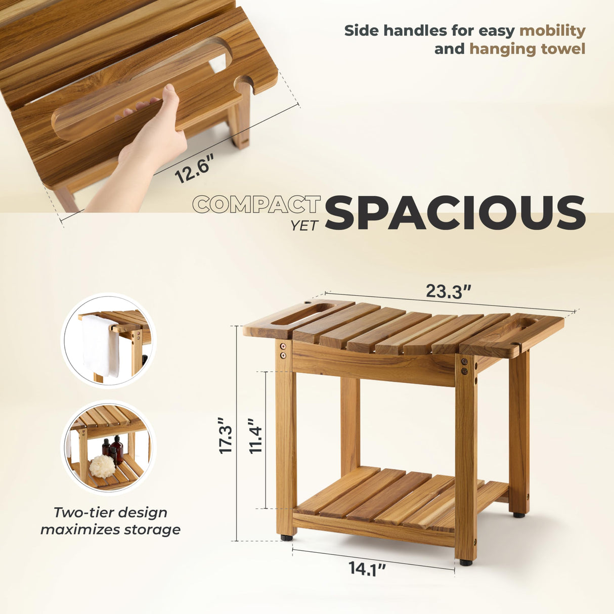 LotusSway Teak Shower Bench Seat with Storage Shelf, Wood Shower Benches for Inside Shower to Sit on, Teak Shower Stool & Spa for Elderly with Shower Head Holder & Built in Handle for Bathroom/Outdoor LotusSway