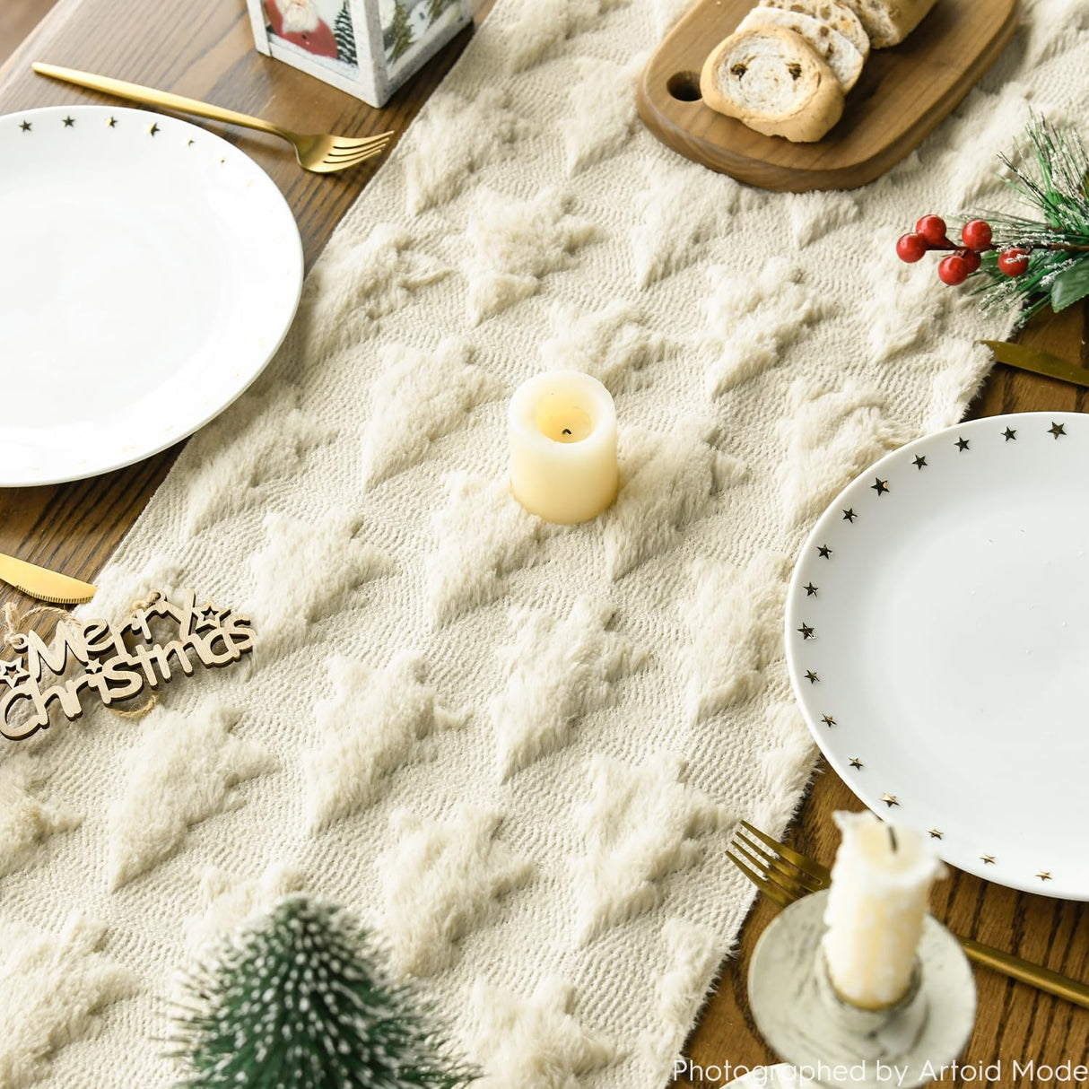 Artoid Mode Christmas Trees Beige Soft Plush Faux Fur Jacquard Christmas Table Runner, Holiday Kitchen Dining Table Decoration for Home Party Decor 13x72 Inch Artoid Mode