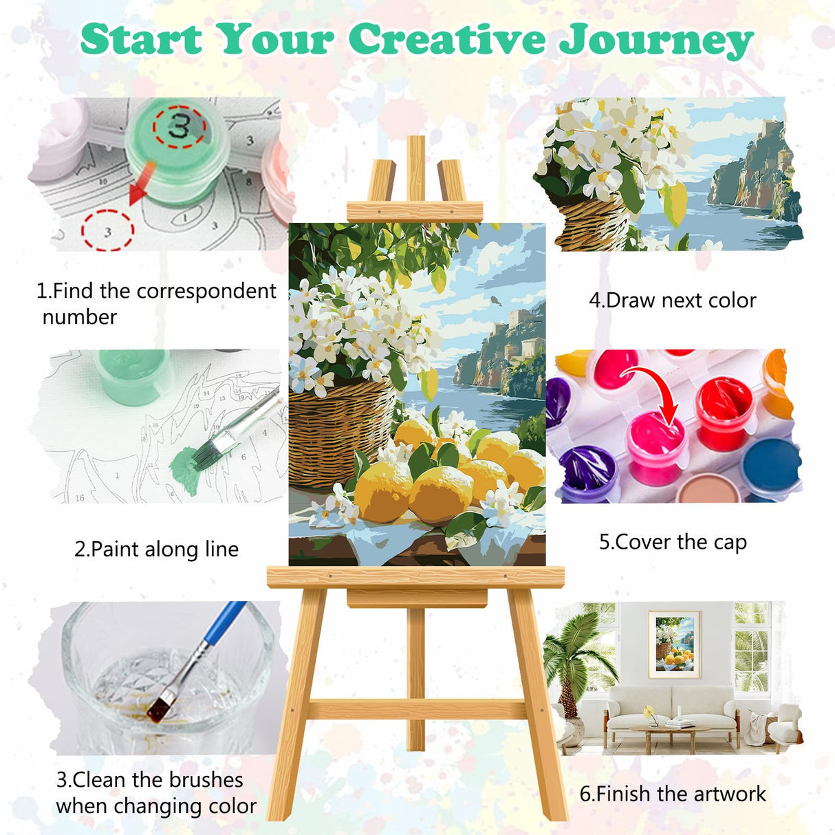 MEIYUDA Lemon Paint by Numbers Kit, Seascape Paint by Numbers for Adults Beginners, Lemon Flowers DIY Acrylic Oil Painting by Number on Canvas for Gift Home Wall Decor 12x16in MEIYUDA