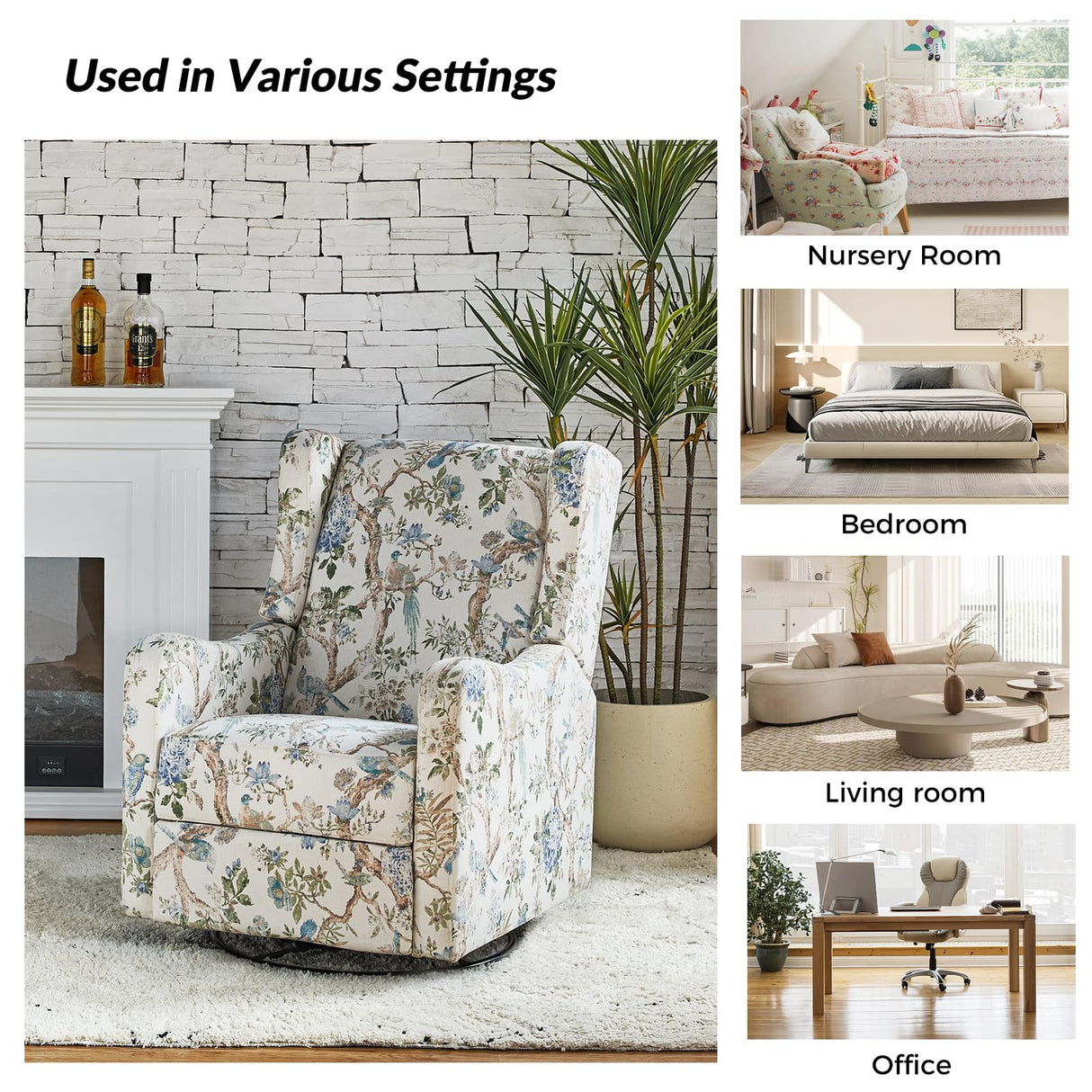 HULALA HOME Printed Fabric Manual Swivel Glider Recliner, Wingback Rocker, Push Back Recliner Chair with Adjustable Backrest & Footrest, Armchair Sofa 360 Degree Swivel for Living Room, Floral HULALA HOME