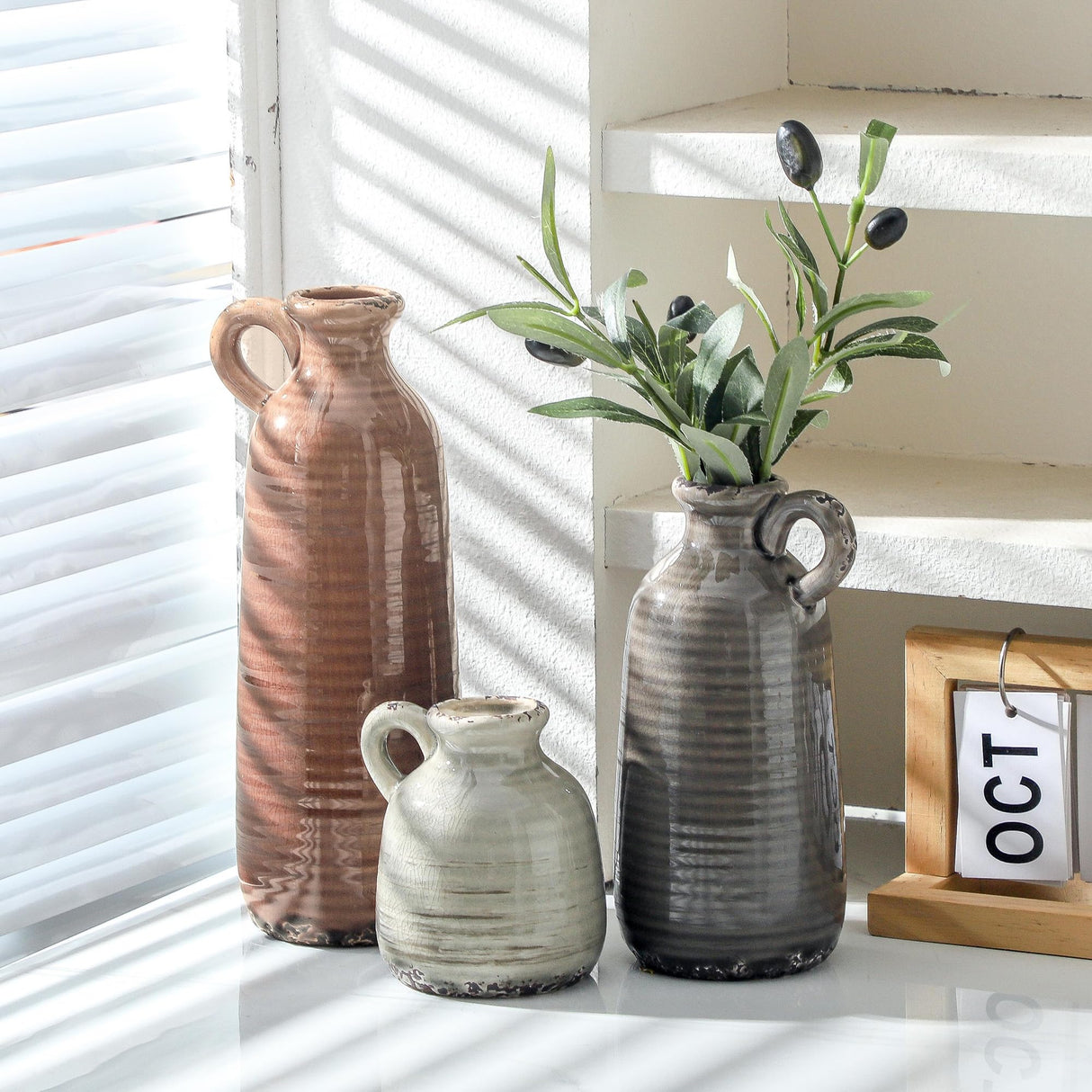 Ceramic Vases Set of 3, Neutral Rustic Farmhouse Vase with Handle, Decorative Flower Vases Home Decor Modern Boho Pampass Vase for Table Mantel Entryway Shelf Living Room Kitchen Bathroom - Brown ooit