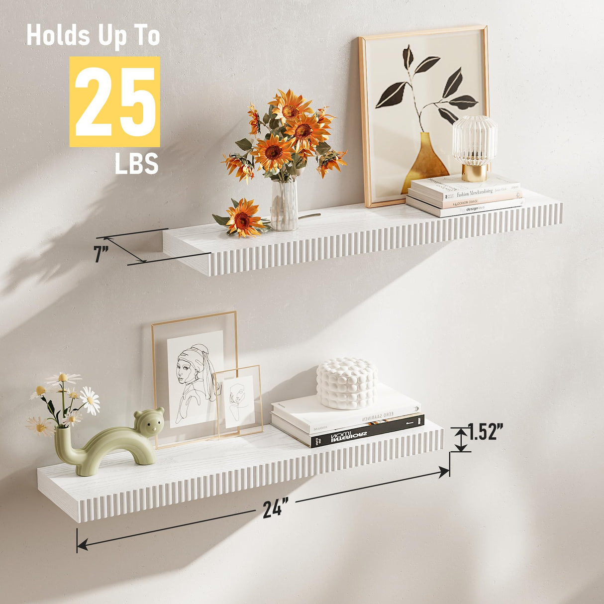 INNOD 24" Floating Shelves for Wall, Wall Mounted Wood Shelves for Bathroom, Bedroom, Living Room, Kitchen, Hanging Shelf with Invisible Brackets for Storage,Books,Home Decor (White,Set of 2) INNOD