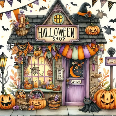 Halloween Pumpkin Bat Shop Diamond Art Kits for Adults, 5D Diamond Painting Kits for Adults Beginners, DIY Full Round Drill Diamond Dot Painting Gem Art Kits for Adult, Home Wall Decor 13.8x13.8 Inch