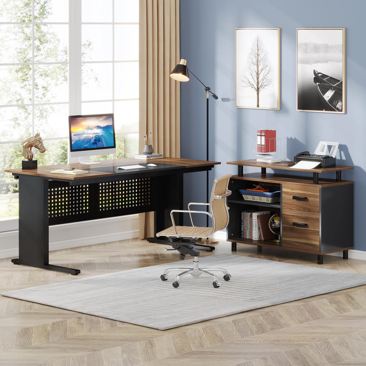 LITTLE TREE Large Computer Desk with File Cabinet, 63 Inch L Shaped Executive Office Desk with Drawers and Storage Shelves, Business Furniture Workstation for Home Office LITTLE TREE
