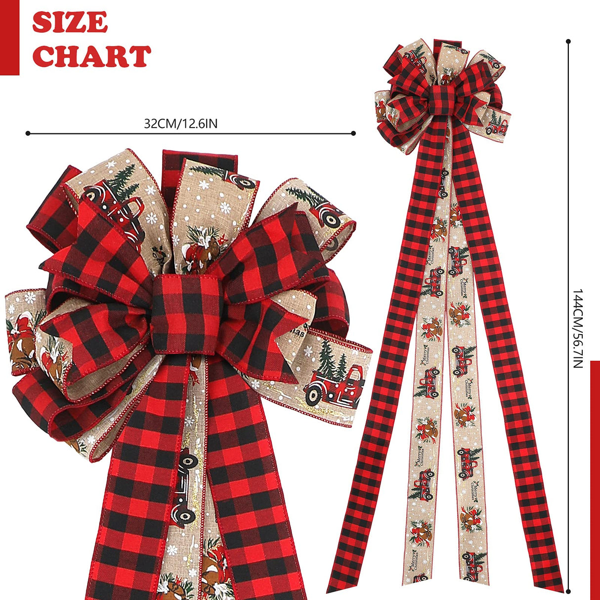 MTSCE Christmas Tree Topper, 57x 13 Inches Handmade Buffalo Plaid Christmas Decorations, Red Black Christmas Bow Topper, Rustic Farmhouse Xmas Decorations Home Decor MTSCE