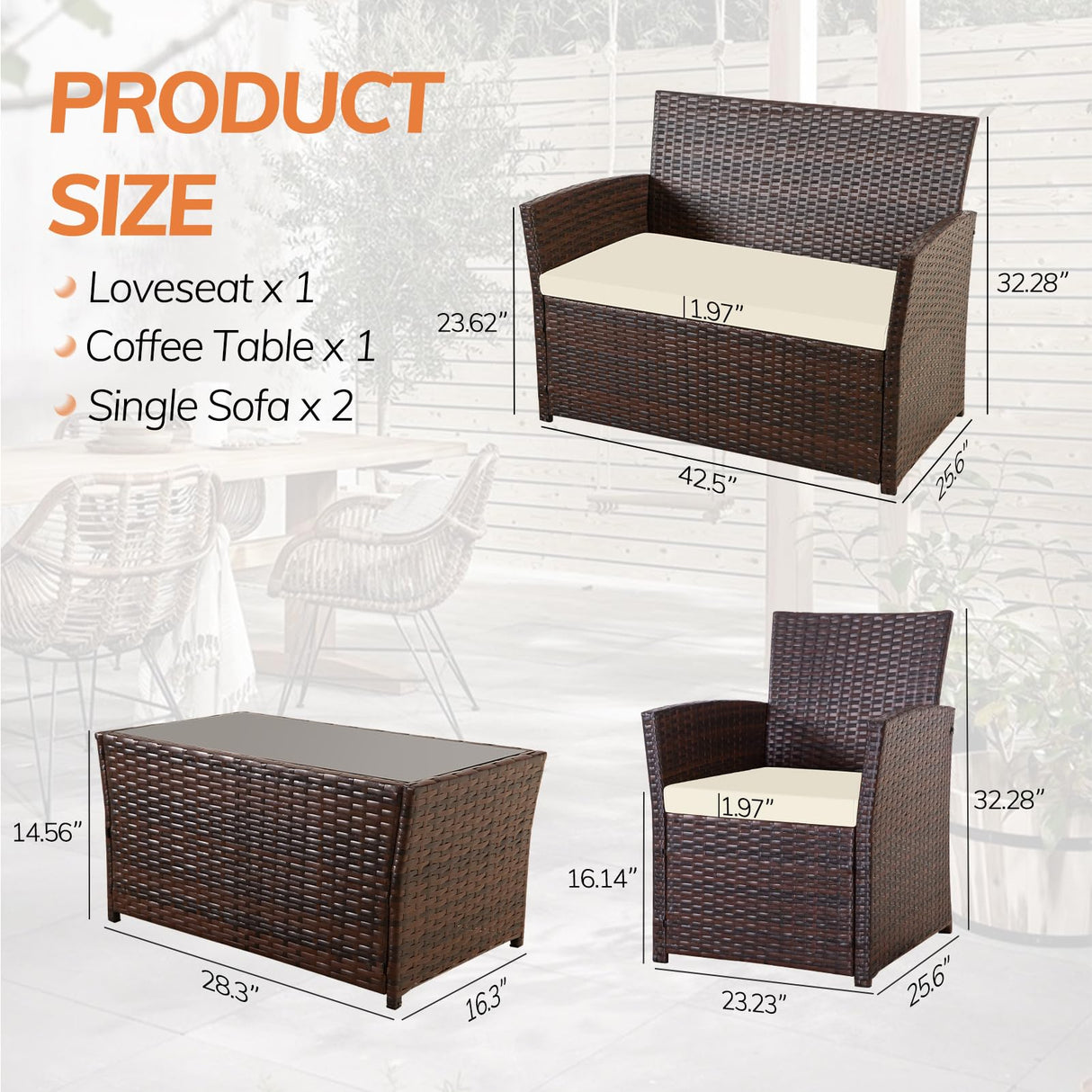 Seogwisam 4 Piece Patio Furniture Set, Outdoor Wicker Conversation Set, Rattan Sectional Sofa Couch with Glass Coffee Table & Thick Cushion for Backyard, Porch, Garden, Poolside, Brown/Beige Seogwisam