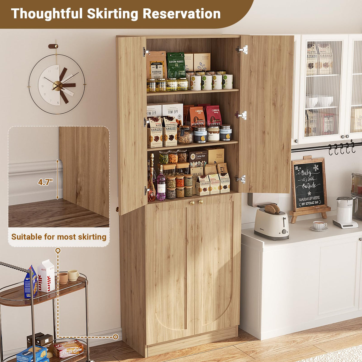 Cyclysio 80" Storage Cabinet, Tall Arched Bookcase with 4 Doors, 6-Tier Wooden Pantry with Adjustable Shelves, Seamless Fit Wall for Home Office, Living Room, Kitchen (Natural) Cyclysio