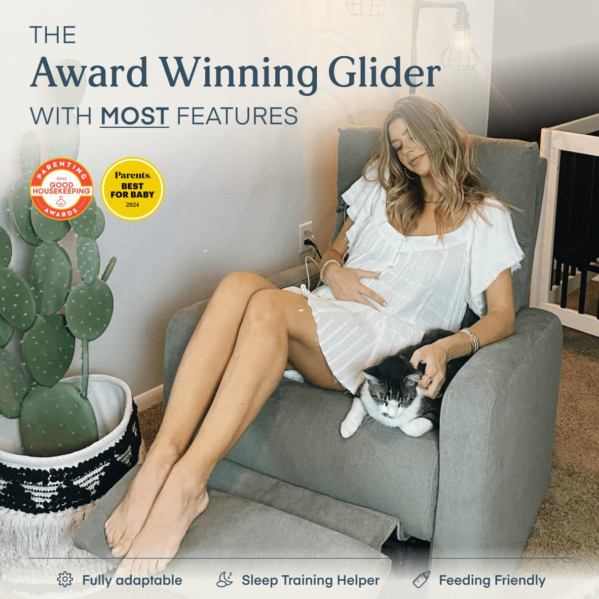 Nurture& The Glider Plus - Premium Nursery Power Recliner | Swivel Chair with Adjustable Head Support and Adjustable Lumbar Support | Built-in USB - The Ultimate Comfort for Nursing, Relaxing (Gray) Nurture&