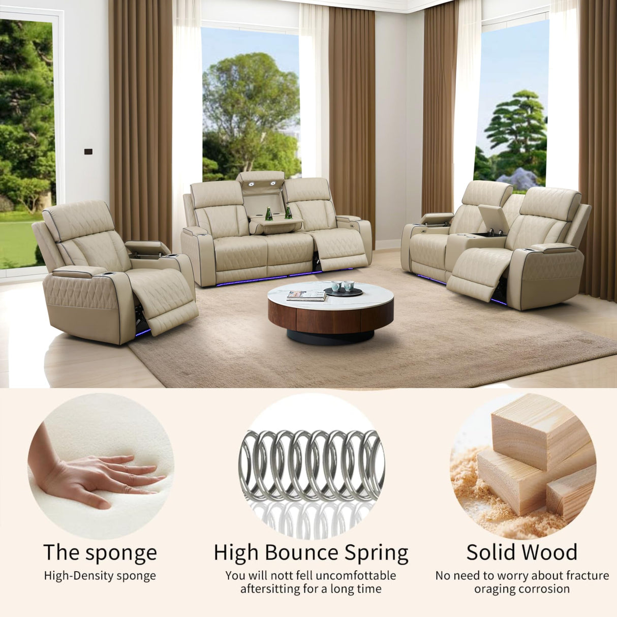 AYCP Furniture Power Recliner Set with LED Lights, Quilted Air Leather Reclining Set with USB Port/Storage/Cup Holder/Reader Light for House/Home Theater/Apt/Rv/Office (Beige, 3PC Full Set) AYCP Furniture