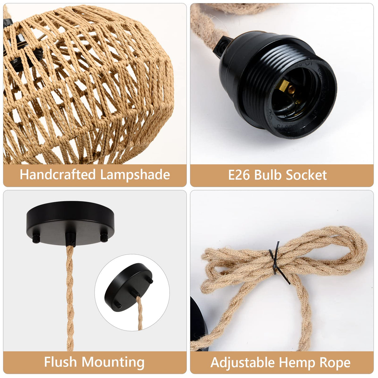 Farmhouse LED Rattan Pendant Lights, Boho Chandelier Light Fixture, Rustic Wicker Hand Woven Rope Cage Basket Pendant Hanging for Dining Room Living Room Kitchen Bedroom Nursery Foyer Hallway Entryway Stepeak