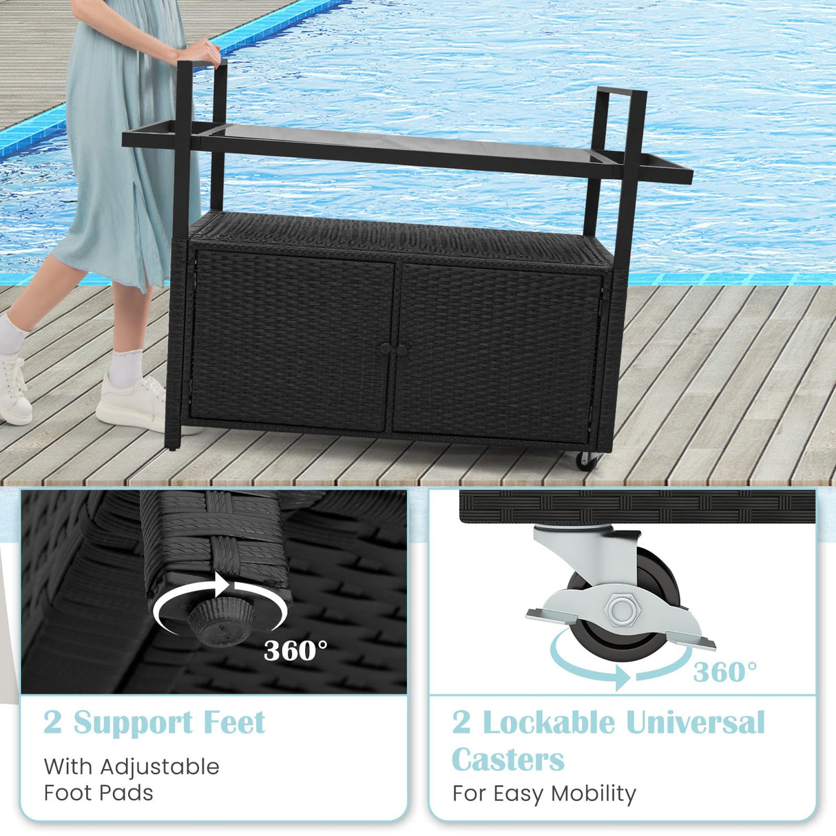 Tangkula Outdoor Bar Cart Table, Patiojoy Rolling Wicker Buffet Wheeled Serving Cart with Tempered Glass Top, Storage Cabinet & 8 Hooks, for Porch Backyard Garden Poolside (Black) Tangkula