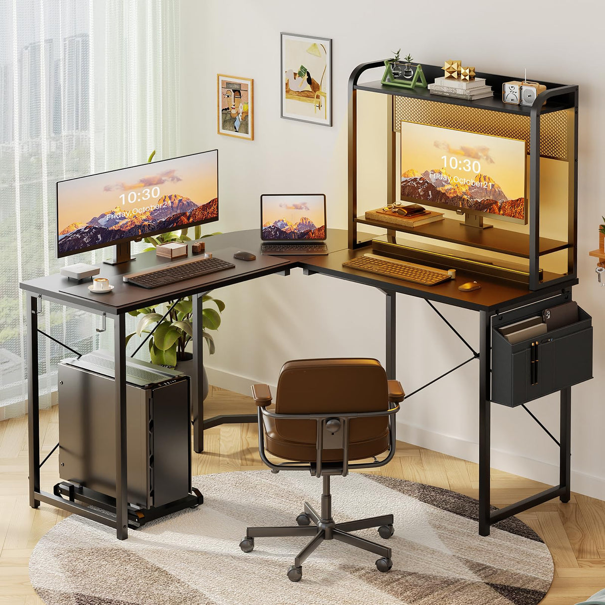 Besiost L Shaped Desk with Hutch, L shaped Computer Desk with Power Outlet and LED Lights, Reversible Corner Gaming Desk with Monitor Stand, L Shaped Desk Home Office Desk with Storage Bag, Black Besiost