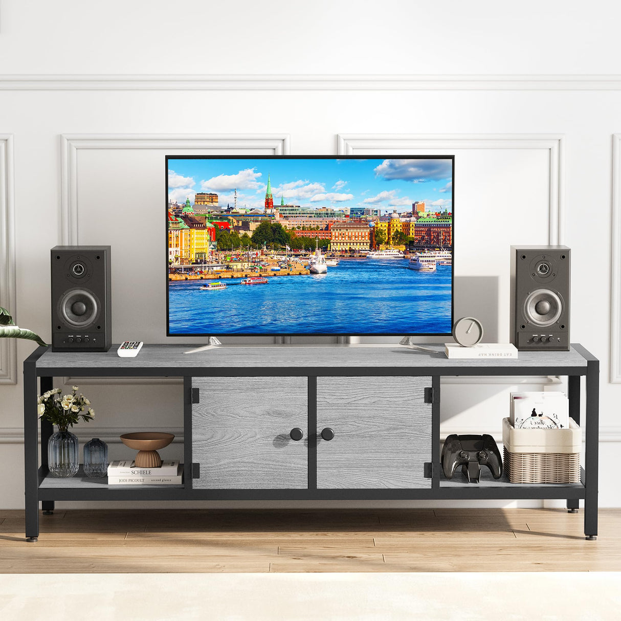 GAOMON 65" TV Stand for TV up to 75 Inches, Large TV Console Table with 2 Closed Storage Spaces and Open Compartments, Wooden Entertainment Center with Adjustable Feet for Living Room, Bedroom, Grey GAOMON