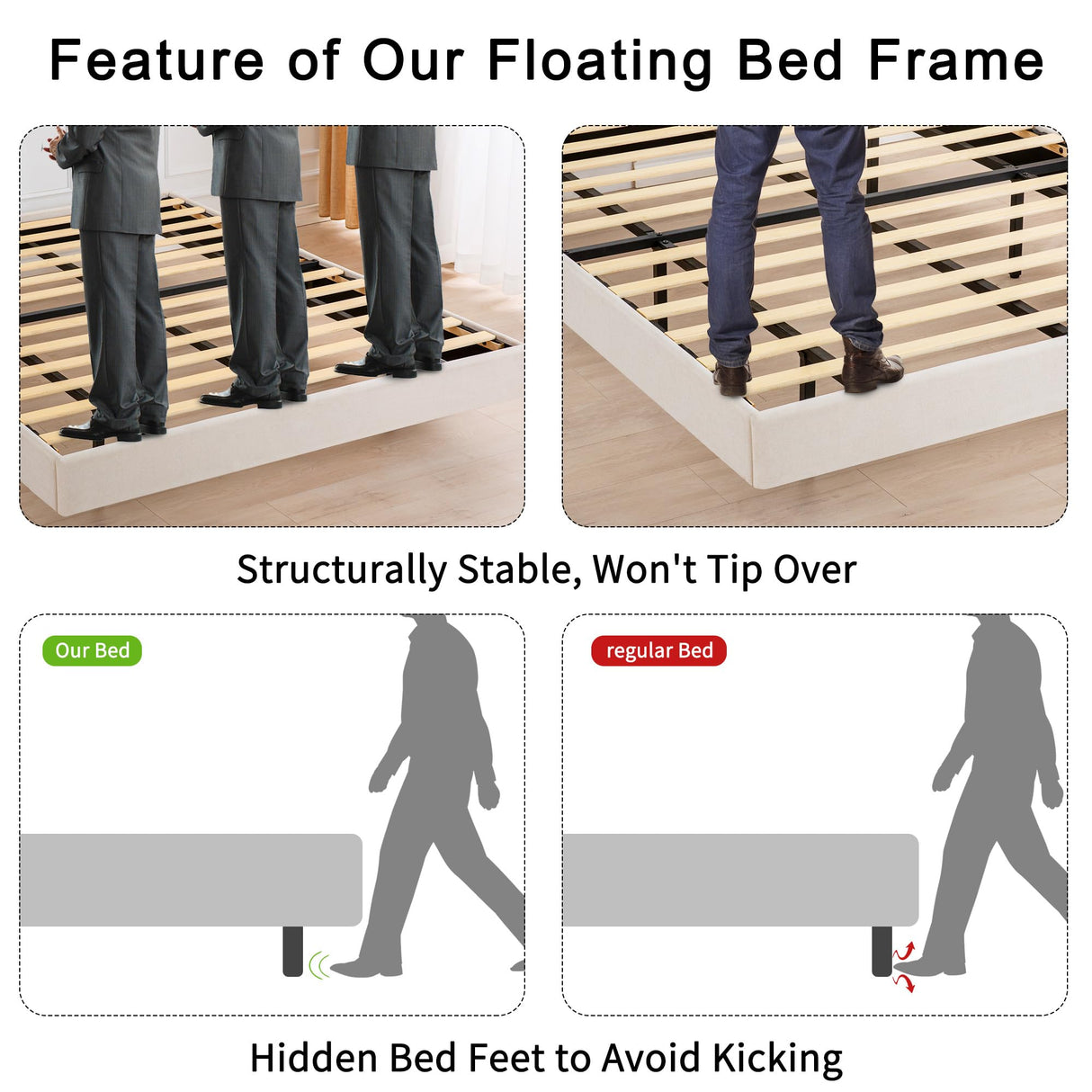 GAZHOME Modern Queen Bed Frame with Floating LED Lights, Upholstered Platform Design in Antique White GAZHOME