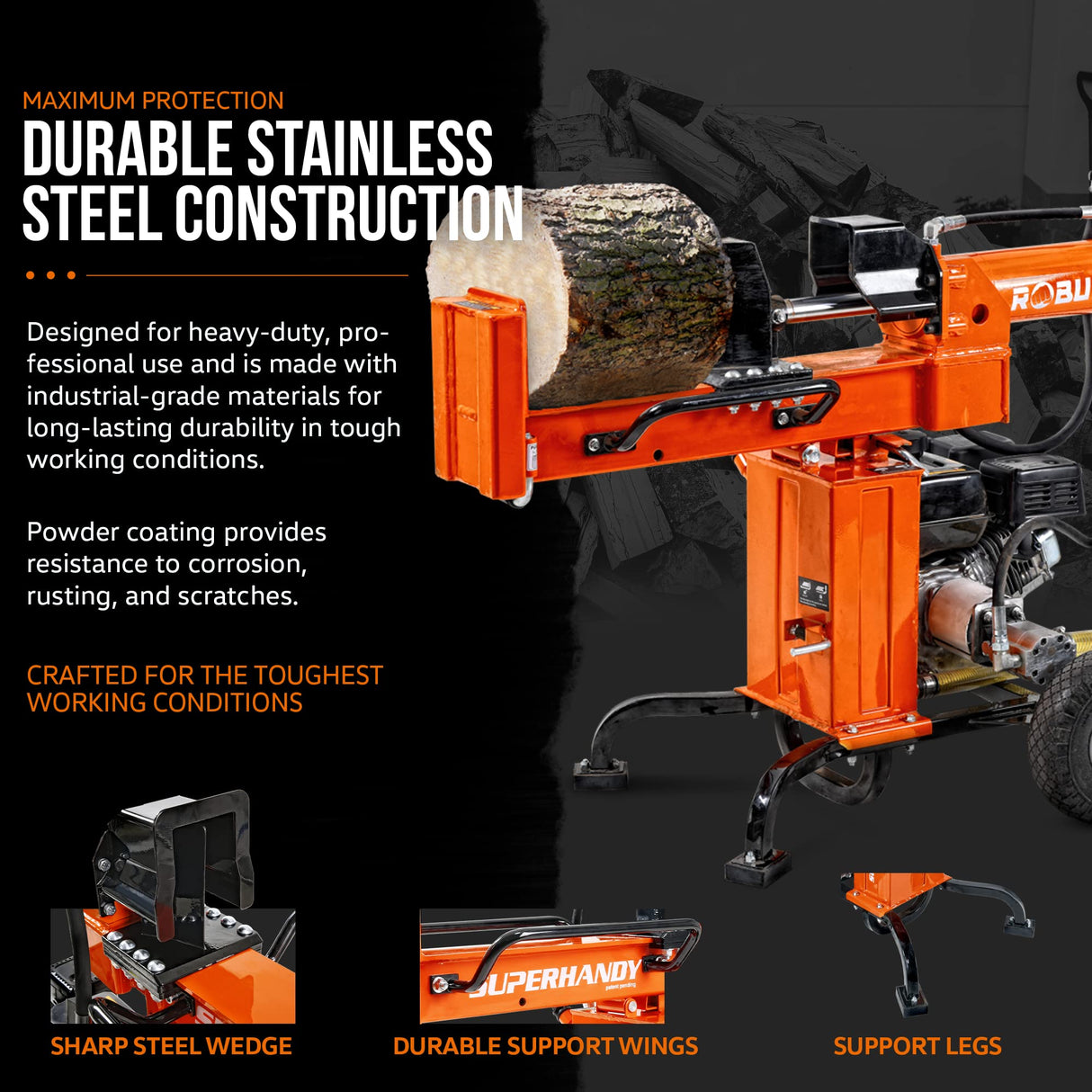 SuperHandy Portable 25 Ton Gas Log Splitter with 7HP Engine, Bucher Gear Pump, and Horizontal/Vertical Half Beam Steel Wedge for Firewood Splitting SuperHandy