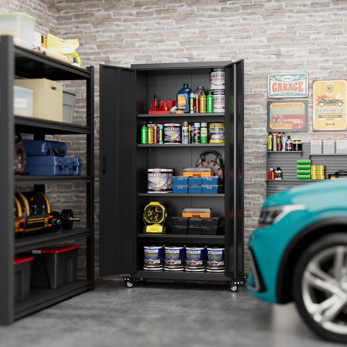 Aobabo 73" H Metal Storage Cabinet with Wheels, Locking Garage Tool Cabinet with 4 Shelves, Black, Assembly Required Aobabo