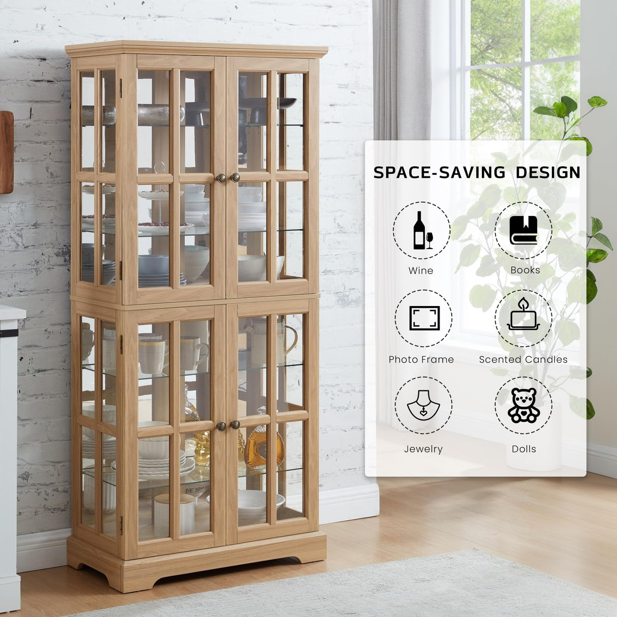 Eyisean Lighted Display Curio Cabinet 69" H China Cabinet with 4 Glass Doors, 6 Shelves, Freestanding Glass Display Cage Wine Cabinet Storage Rack for Bar and Liquor Storage (Oak) Eyisean