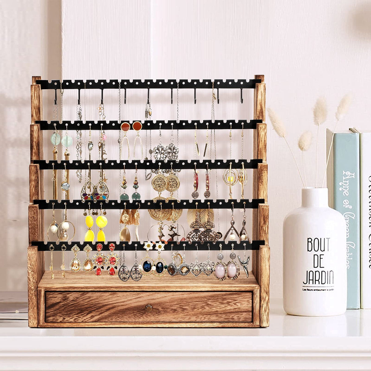 Pinzoveco Earring Organizer, 5 Layer Earring Holder Organizer with Necklace Holder Pole, Rustic Wood Jewelry Organizer Stand Display for Stud Earring Bracelet Necklace Ring, 175 Earring Holes Pinzoveco