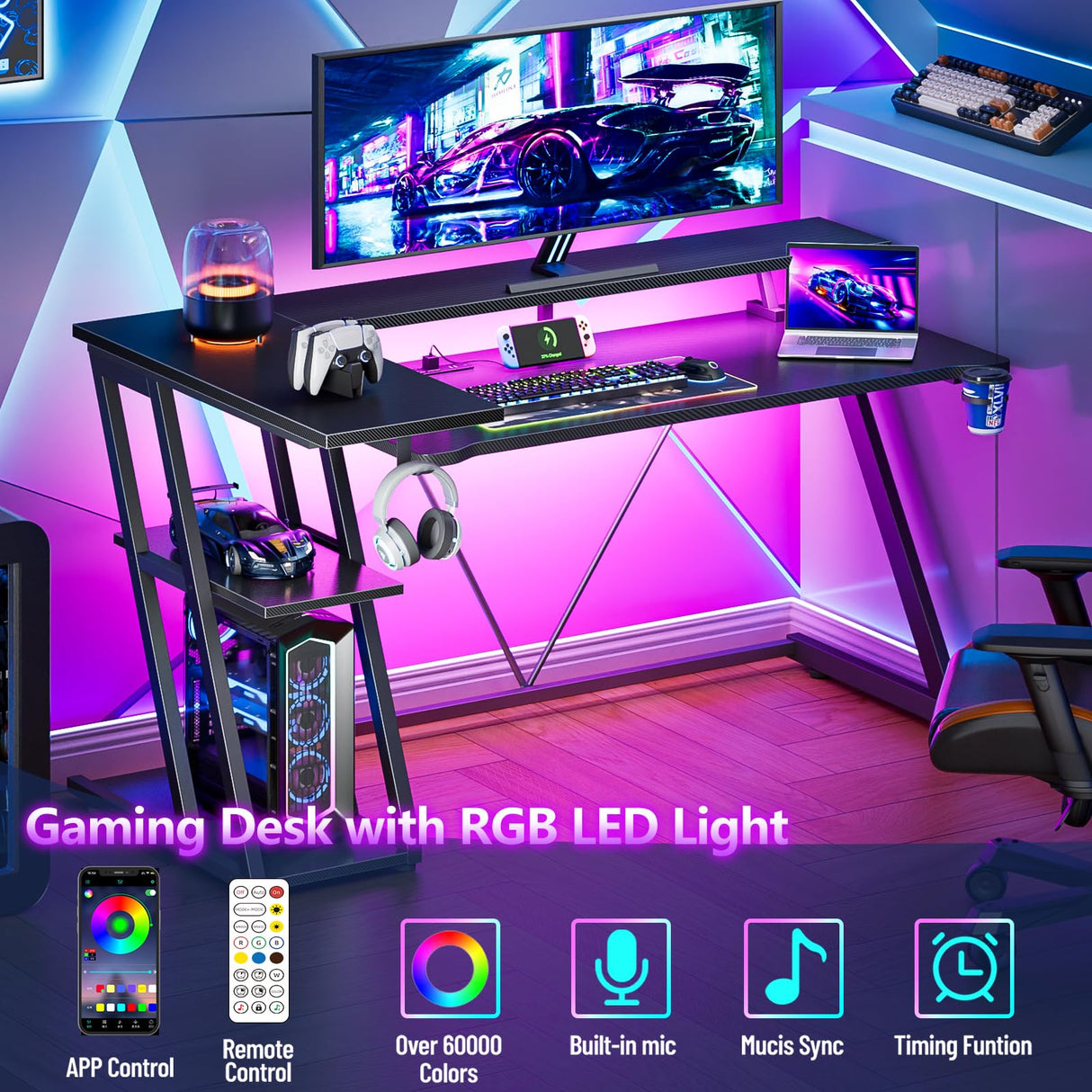 Korfile Computer Gaming Desk with Power Outlet & LED Lights, Reversible L Shaped Gamer Table with Storage Shelves for Bedroom, Corner Home Office Desk, 55 Inch, Carbon Fiber Black Korfile
