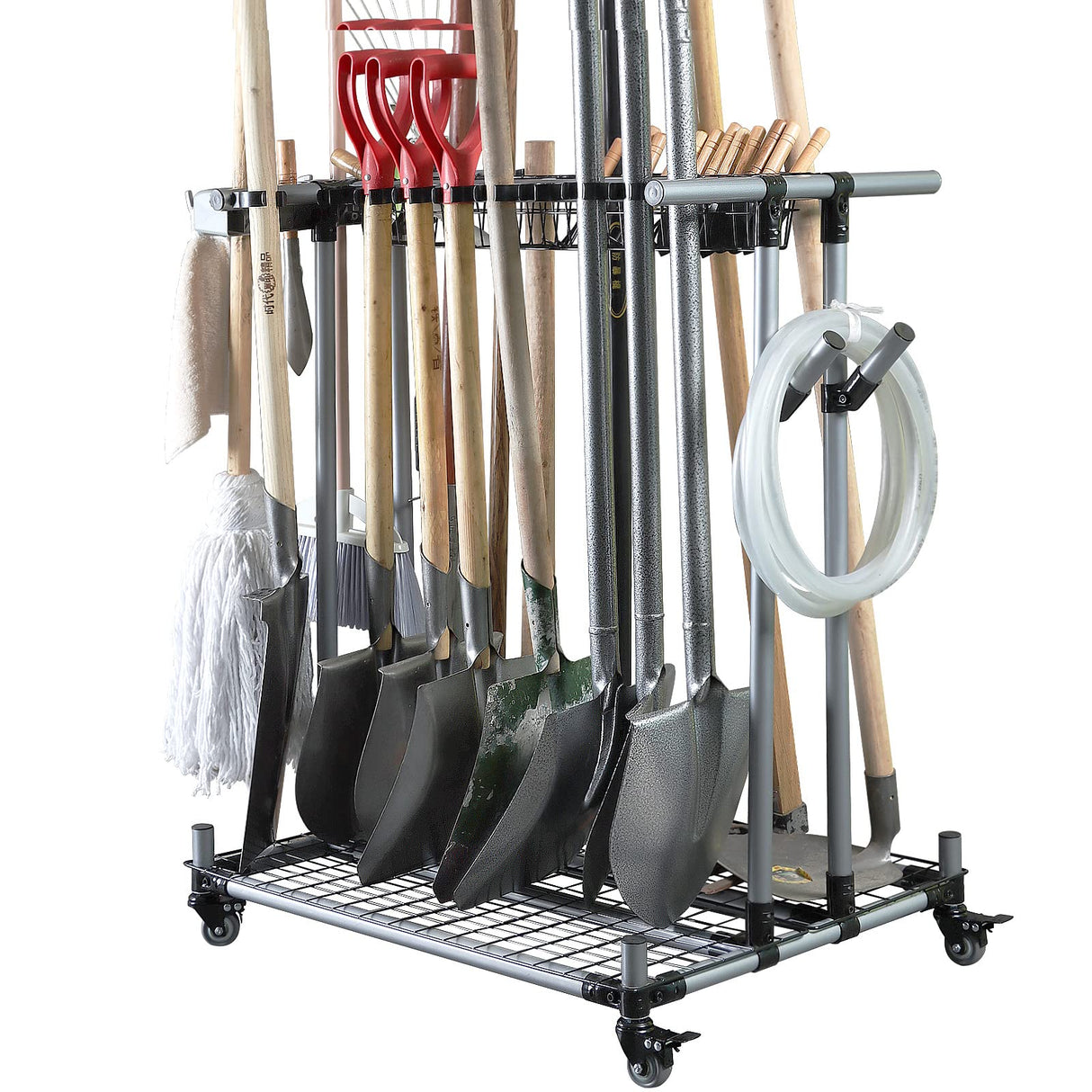 QTJH Heavy duty garden tool organizer garage storage holder storage large long farming tools lawn tool metal rack shovel and rake organizer QTJH