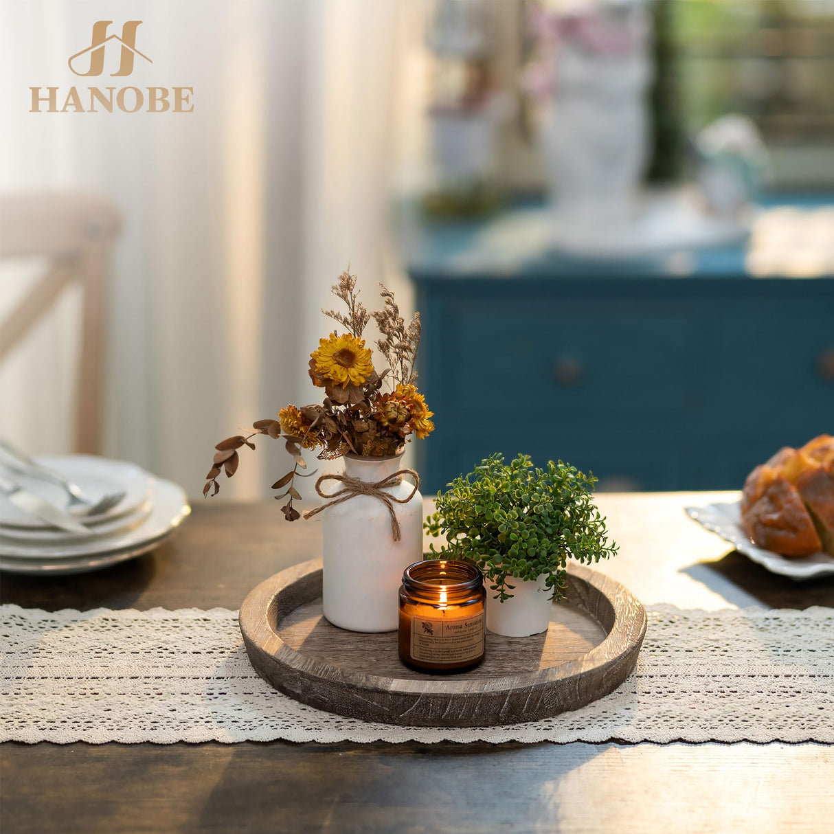 Hanobe Candle Plate Holder Tray: Round Wooden Decorative Candle Plate Small Farmhouse Table Centerpiece Rustic Wood Tealight Pillar Trays for Christmas Wedding Halloween Home Decor Hanobe