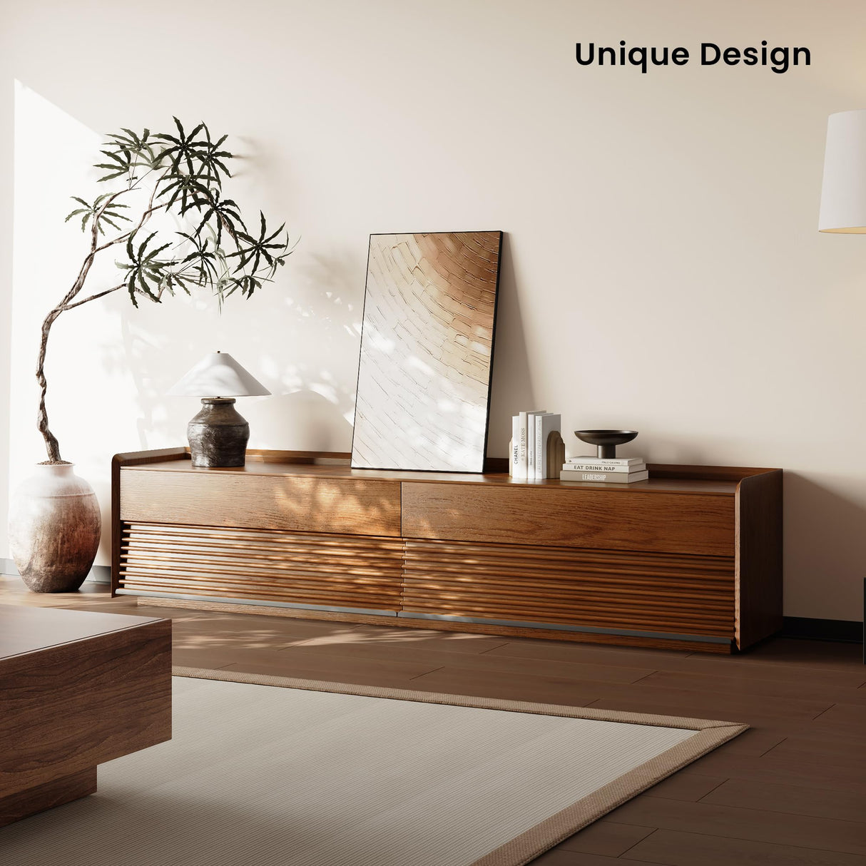 POVISON Mid Century Modern TV Stand, 78.74" Entertainment Center with LED Light, Walnut Solid Wood TV Console for Living Room, TV Stand with Storage POVISON