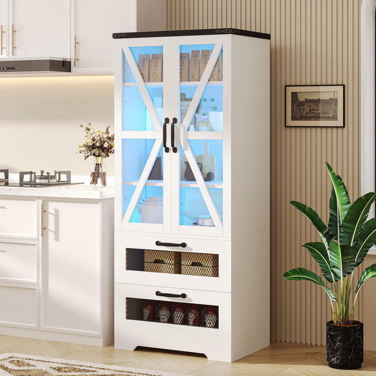 Jehiatek 56" Storage Cabinet with LED Light, Modern Farmhouse Cabinet with Large Drawers & Adjustable Shelves, Display Bookcase with Glass Door, Cupboard Sideboard for Living/Dining Room, White Jehiatek