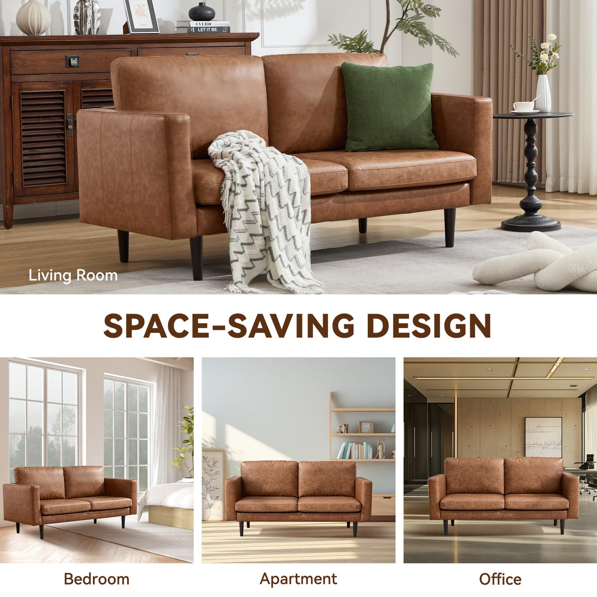 Kingfun 65" Loveseat Sofa, Faux Leather Love Seat Couch, Mid Century Modern Couch with Solid Wooden Frame for Living Room & Bedroom in Small Spaces, Brown Kingfun