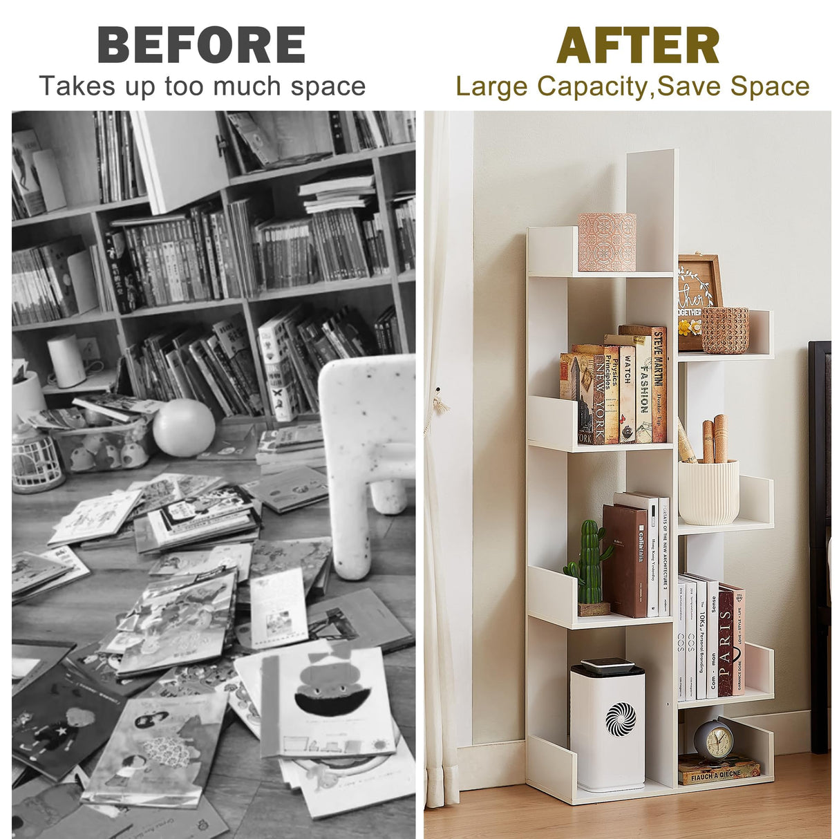 VECELO 8-Tier Tall Cactus-Shaped Tree Bookshelf, Vertical Bookcase with Waterproof Shelves & Rounded Corners, Modern Display Rack for Small Spaces in Living Room, Office, Bedroom, Ivory White VECELO