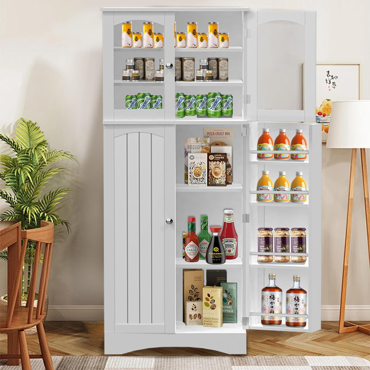 CATMIX Kitchen Pantry Cabinet, Tall Food Pantry Storage Cabinet with Glass Doors and Adjustable Shelves, Freestanding Cabinet for Kitchen, Living Room, Dining Room, White CATMIX